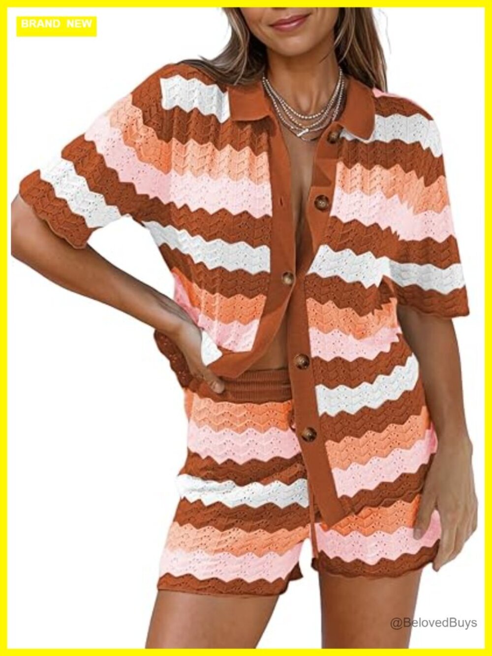 Women's Knit 2 Piece Shorts Set Button Down Top and High Waist Shorts Lounge Set